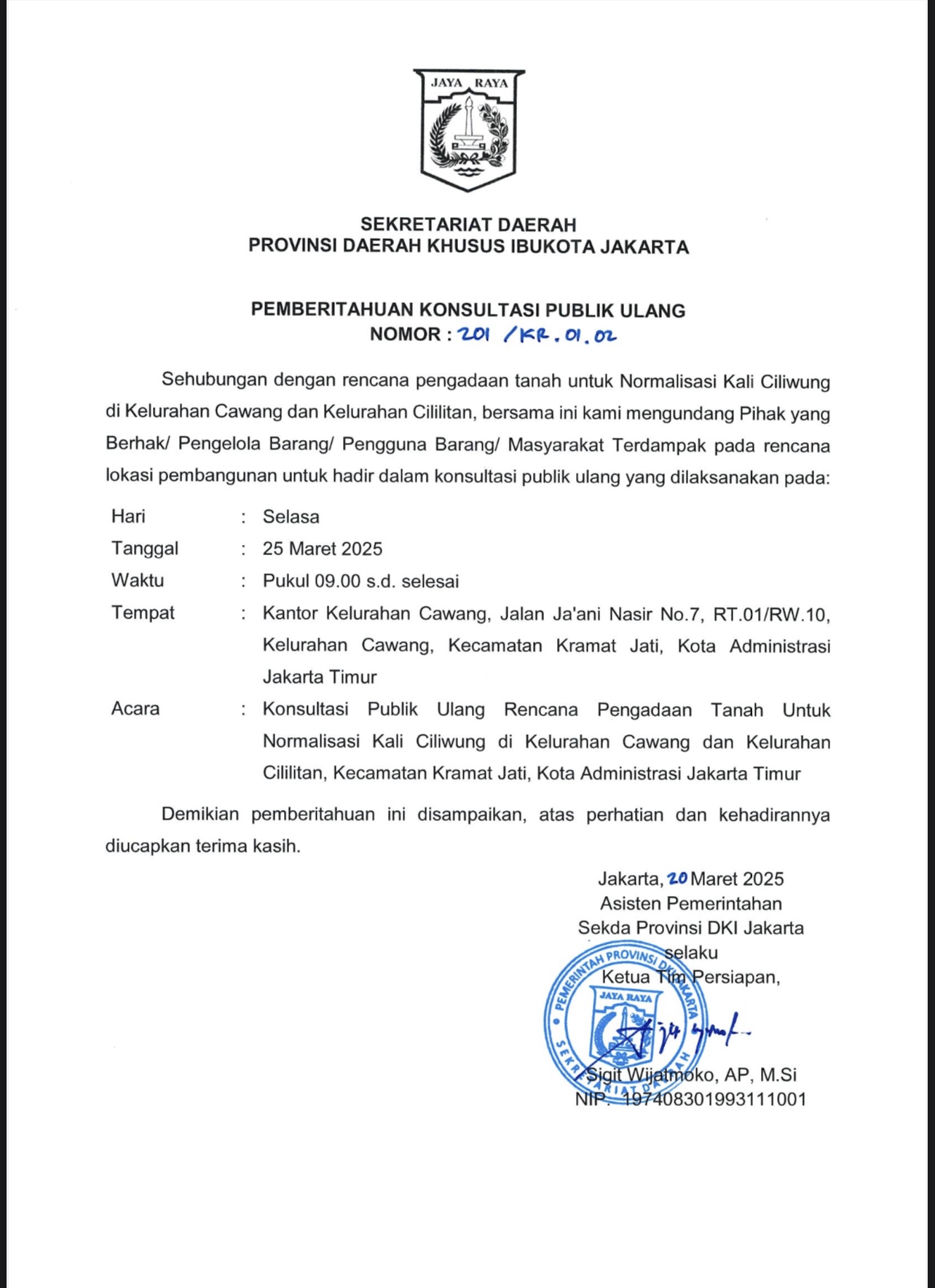 Konsultasi Publik Ulang Rencana Pengadaan Tanah untuk Normalisasi Kali Ciliwung di Kelurahan Cawang dan Kelurahan Cililitan